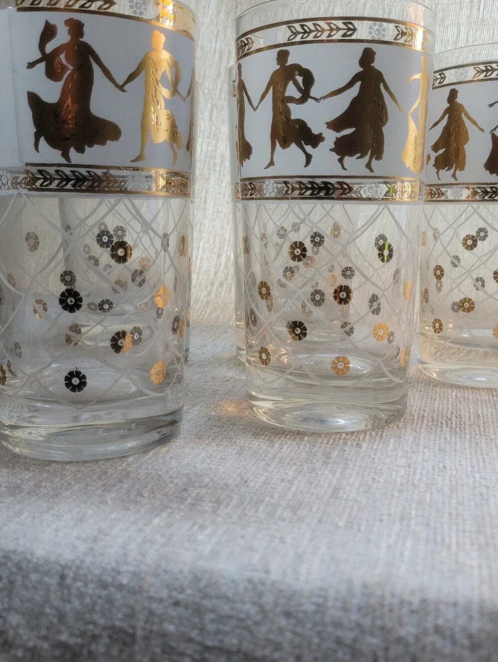Vintage MCM Culver Style Roman Goddess Highball Glasses - 22k Gold Accent Set 6